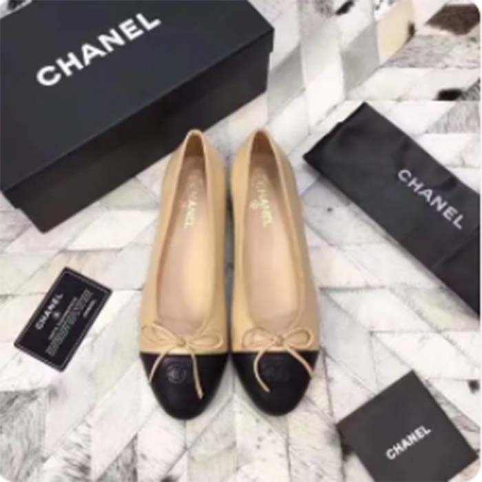 Chanel Women Ballerina Calfskin Leather Sandy Black Ballet Shoes (6)