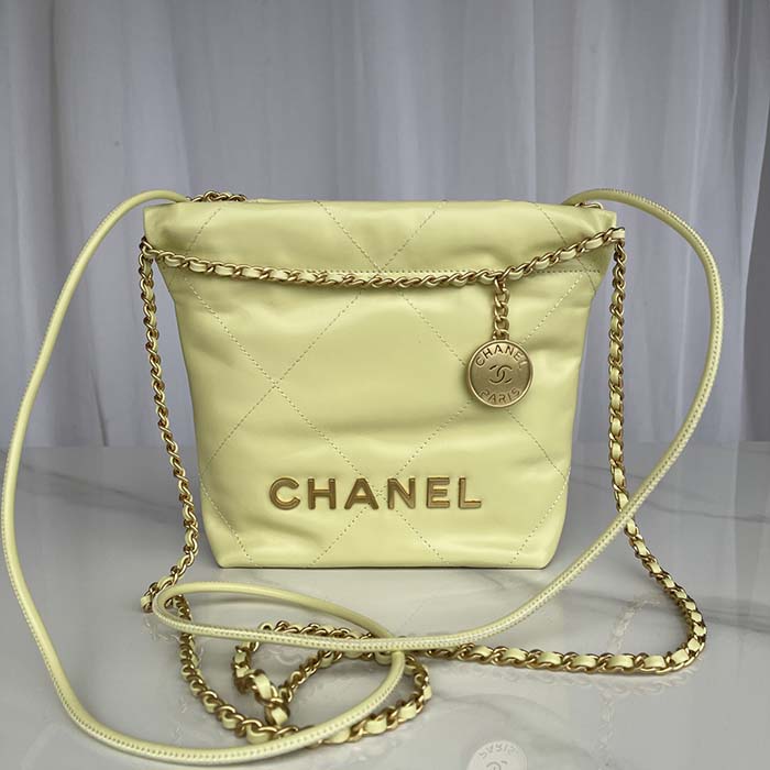 Chanel Women CC 22 Mini Handbag Shiny Calfskin Gold-Tone Metal Yellow (9)