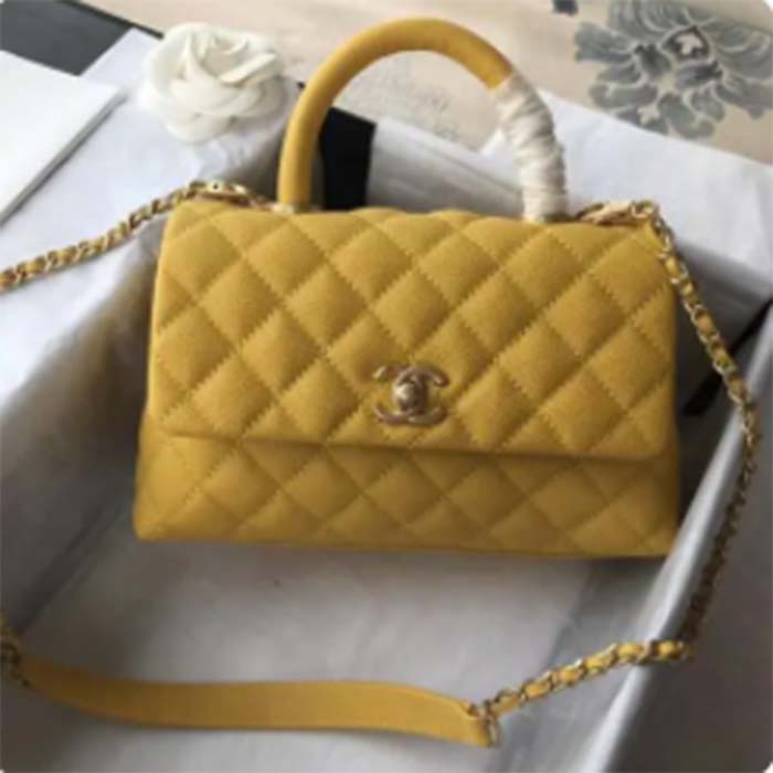 Chanel Women CC Quilted Handbag Yellow Calfskin Leather Gold-Tone Metal (3)