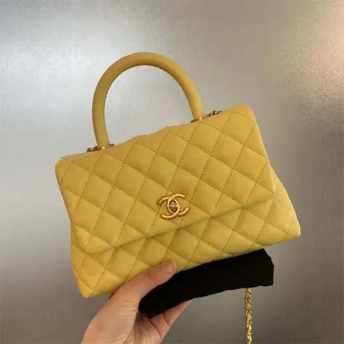 Chanel Women CC Quilted Handbag Yellow Calfskin Leather Gold-Tone Metal (5)
