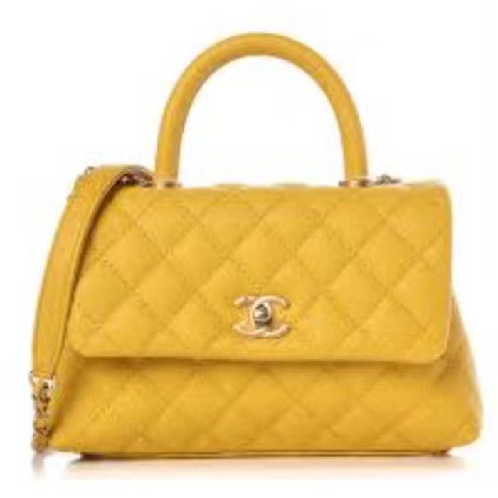 Chanel Women CC Quilted Handbag Yellow Calfskin Leather Gold-Tone Metal