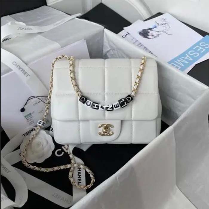 Chanel Women CC Small Flap Bag Grained Calfskin Gold Tone Metal White (5)