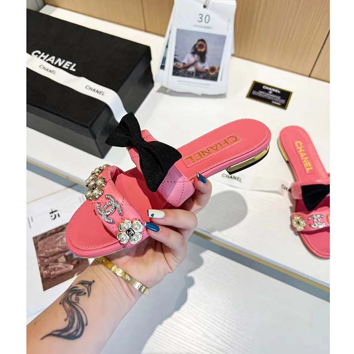Chanel Women Mules Lambskin Pink Black 1.5 Cm Heel (9)