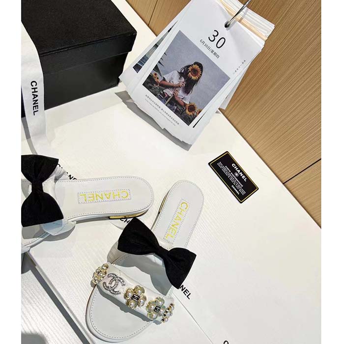 Chanel Women Mules Lambskin White Black 1.5 Cm Heel (10)