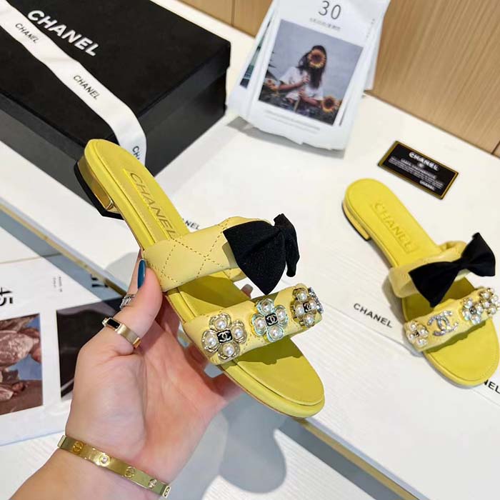 Chanel Women Mules Lambskin Yellow Black 1.5 Cm Heel (8)