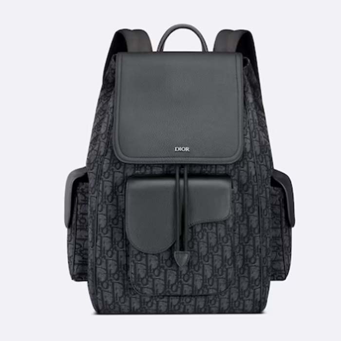 Dior Unisex CD Saddle Backpack Black Dior Oblique Jacquard Grained Calfskin