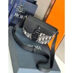 Dior Unisex CD Saddle Pouch Strap Beige Black Oblique Jacquard Black Grained Calfskin - Image 4
