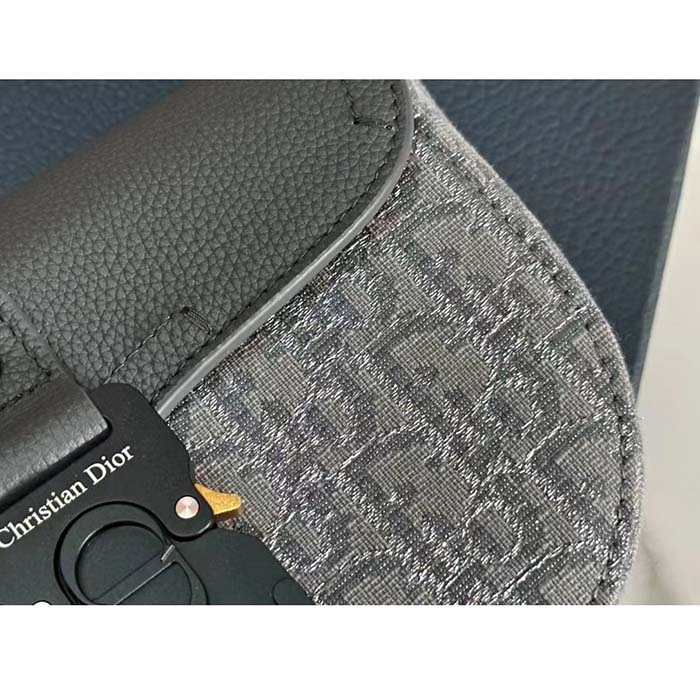 Dior Unisex CD Saddle Pouch Strap Black Grey Oblique Jacquard Grained Calfskin (1)