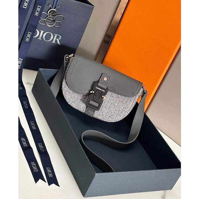 Dior Unisex CD Saddle Pouch Strap Black Grey Oblique Jacquard Grained Calfskin (5)