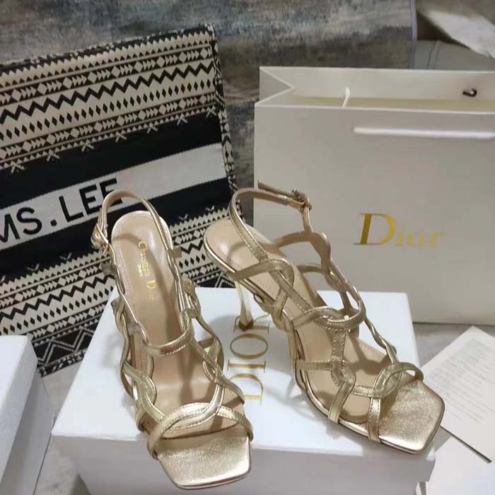 Dior Women CD D-Fame Heeled Sandal Gold-Tone Laminated Lambskin (1)