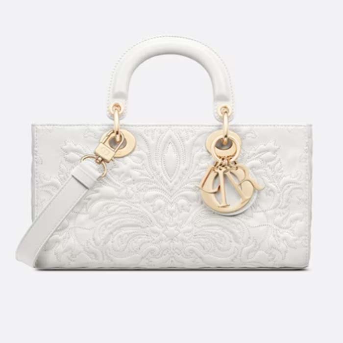 Dior Women CD Medium D-Joy Bag Latte Quilted-Effect Lambskin Ornamental Motif