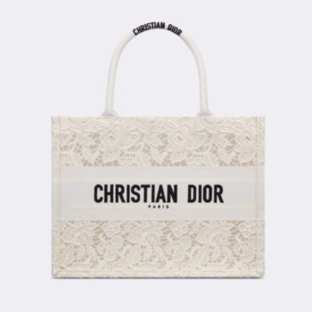 Dior Women CD Medium Dior Book Tote White Multicolor D-Lace Embroidery Macramé