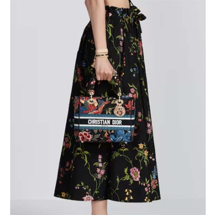 Dior Women CD Medium Lady D-Lite Bag Black Multicolor Dior Birds Embroidery (1)