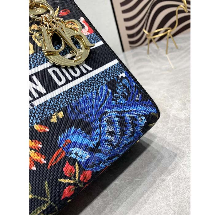 Dior Women CD Medium Lady D-Lite Bag Black Multicolor Dior Birds Embroidery (8)