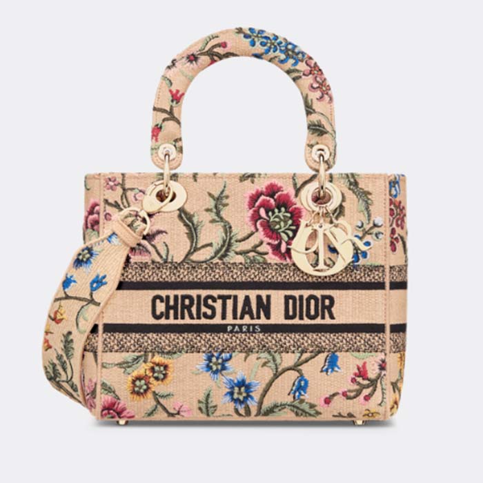 Dior Women CD Medium Lady D-Lite Bag Multicolor Raffia Embroidered Petites Fleurs