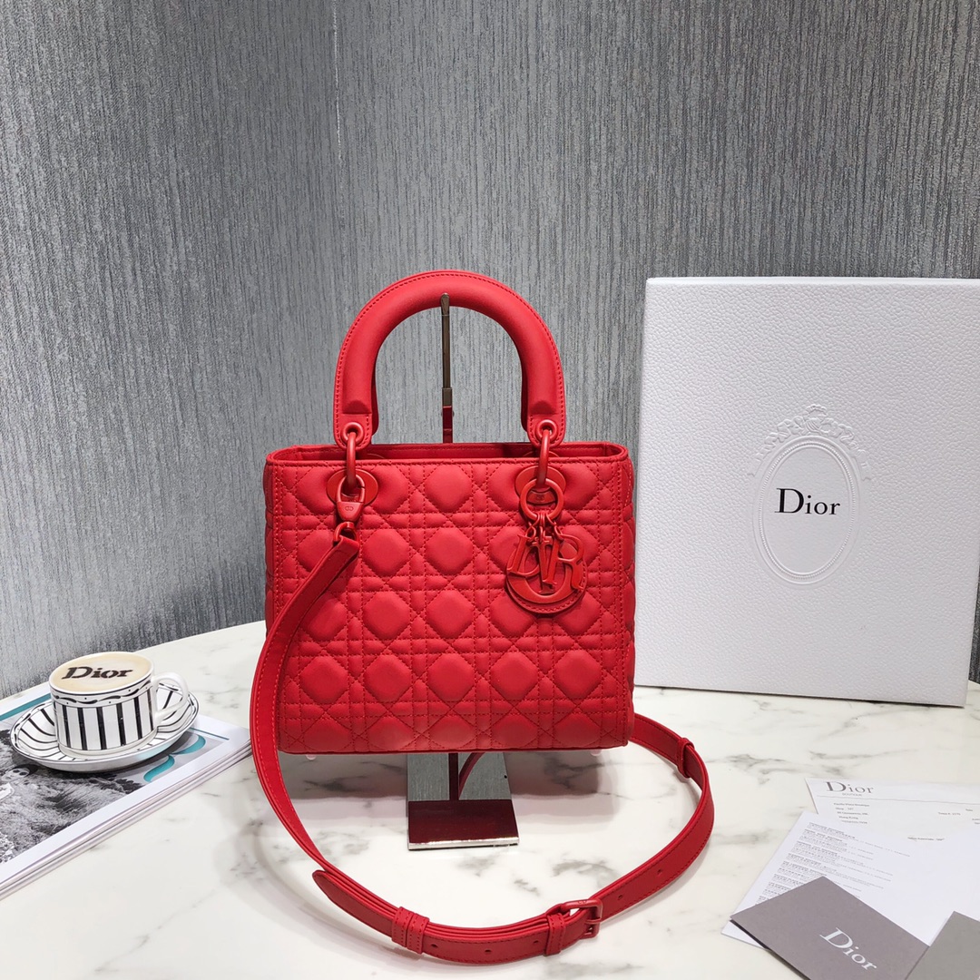 Dior Women CD Medium Lady Dior Bag Cherry Red Cannage Lambskin (7)