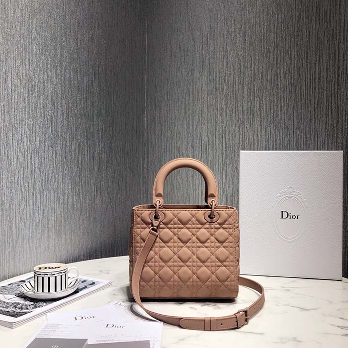 Dior Women CD Medium Lady Dior Bag Warm Taupe Cannage Lambskin