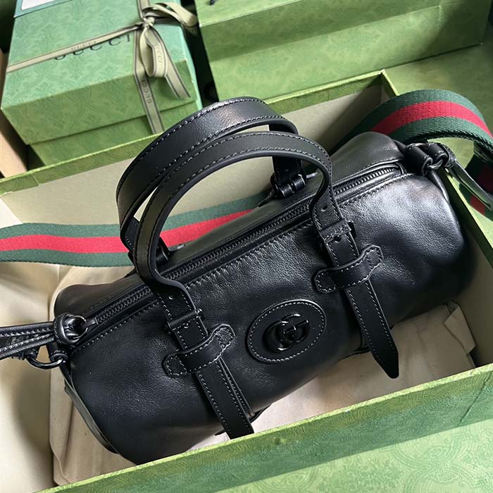Gucci GG Unisex Small Duffle Bag Tonal Double G Black Leather (10)