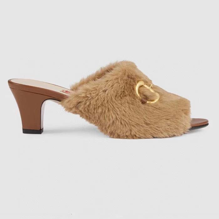 Gucci GG Women's Mid-Heel Slide Sandal Brown Fabric Horsebit 5.6 Cm Heel