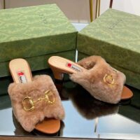 Gucci GG Women’s Mid-Heel Slide Sandal Brown Fabric Horsebit 5.6 Cm Heel (12)