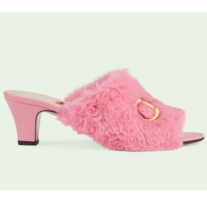 Gucci GG Women’s Mid-Heel Slide Sandal Pink Fabric Horsebit 5.6 Cm Heel (1)