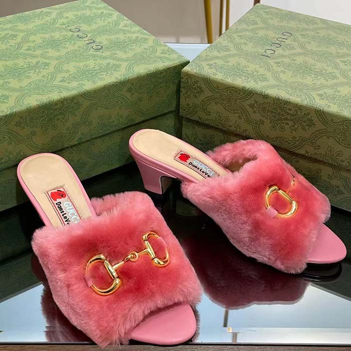 Gucci GG Women’s Mid-Heel Slide Sandal Pink Fabric Horsebit 5.6 Cm Heel (14)