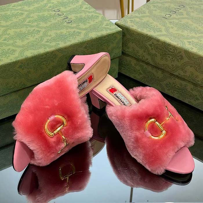 Gucci GG Women’s Mid-Heel Slide Sandal Pink Fabric Horsebit 5.6 Cm Heel (16)