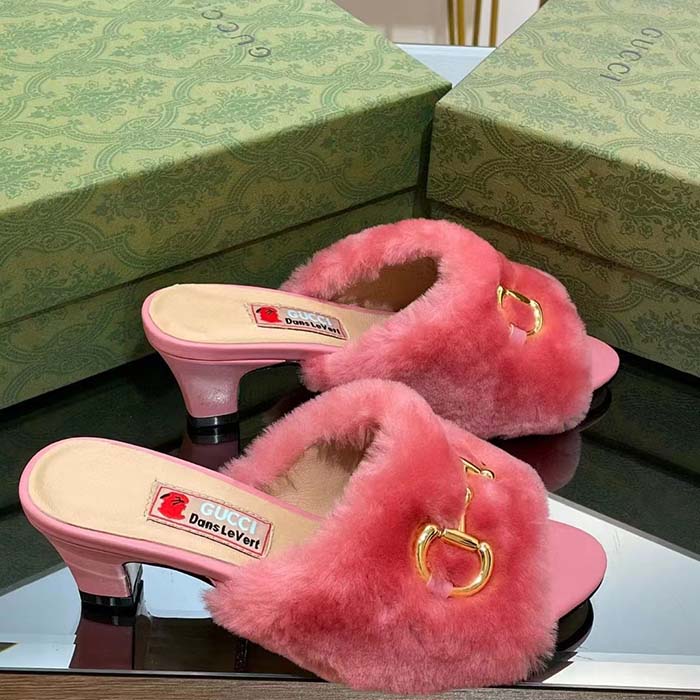 Gucci GG Women’s Mid-Heel Slide Sandal Pink Fabric Horsebit 5.6 Cm Heel (18)