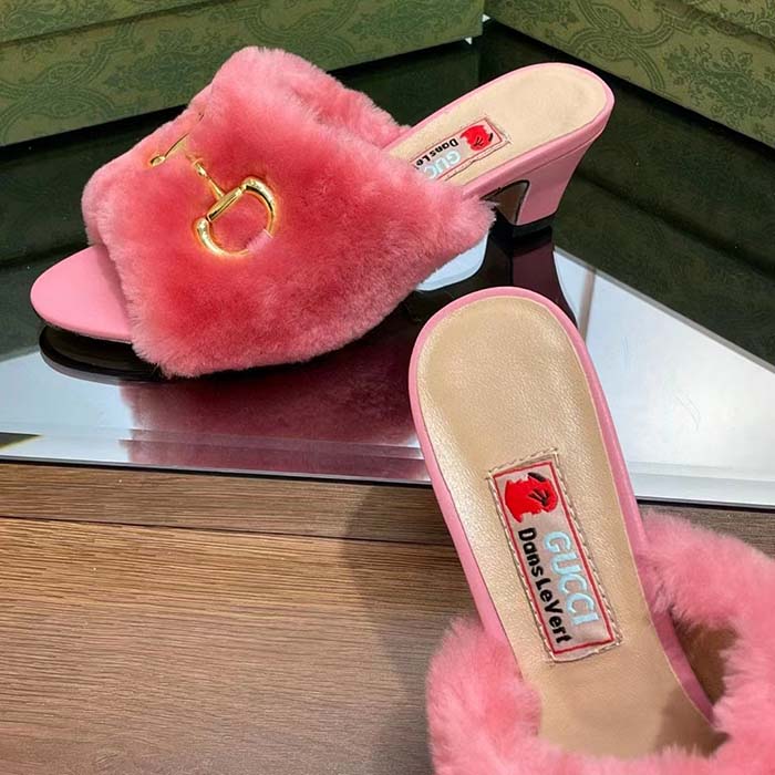 Gucci GG Women’s Mid-Heel Slide Sandal Pink Fabric Horsebit 5.6 Cm Heel (20)