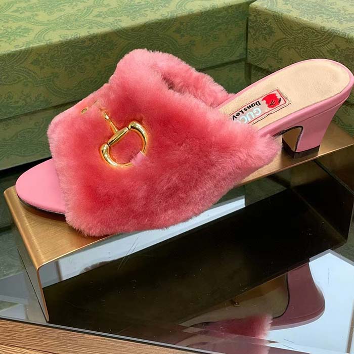 Gucci GG Women’s Mid-Heel Slide Sandal Pink Fabric Horsebit 5.6 Cm Heel (22)