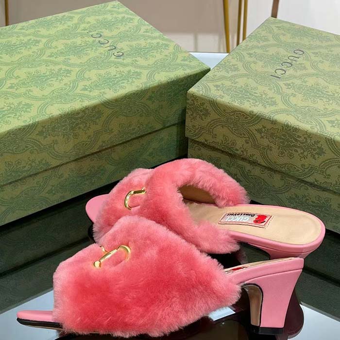 Gucci GG Women’s Mid-Heel Slide Sandal Pink Fabric Horsebit 5.6 Cm Heel (24)