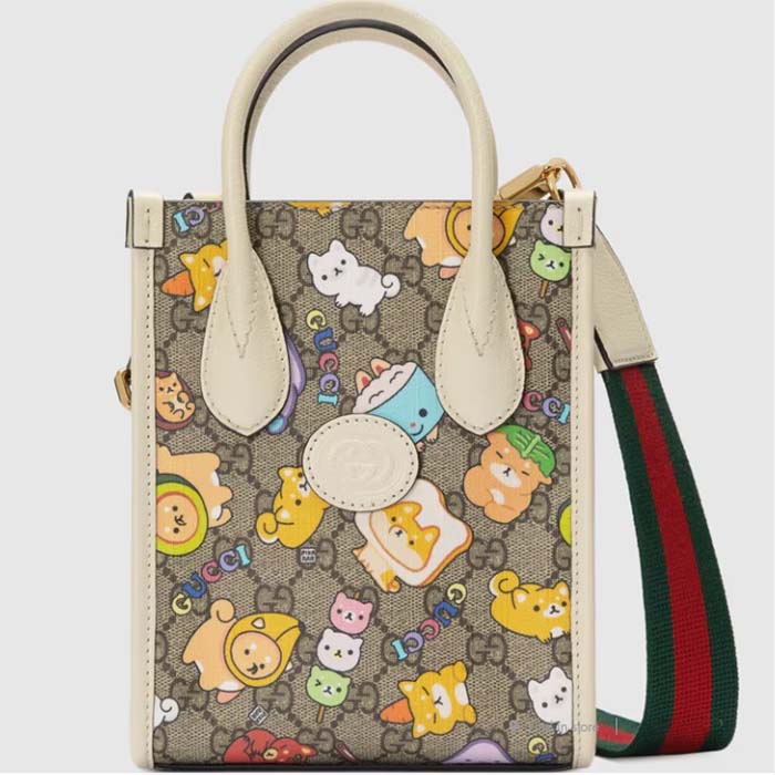 Gucci Unisex Animal Print Mini Tote Bag Beige Ebony GG Supreme Canvas (1)