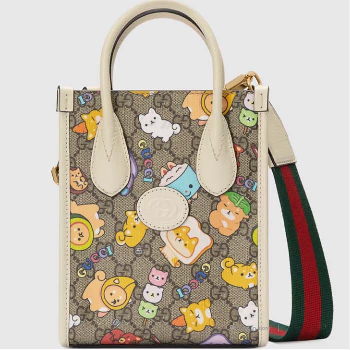 Gucci Unisex Animal Print Mini Tote Bag Beige Ebony GG Supreme Canvas