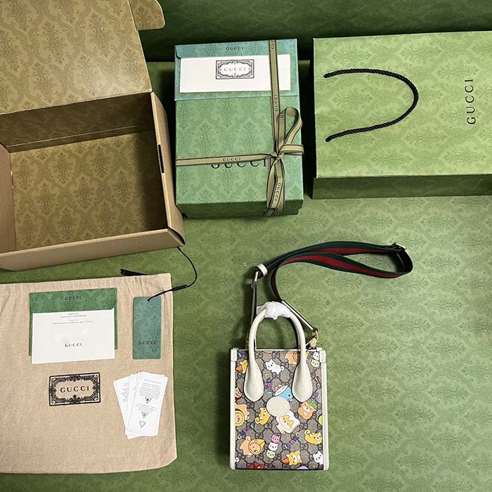 Gucci Unisex Animal Print Mini Tote Bag Beige Ebony GG Supreme Canvas (13)
