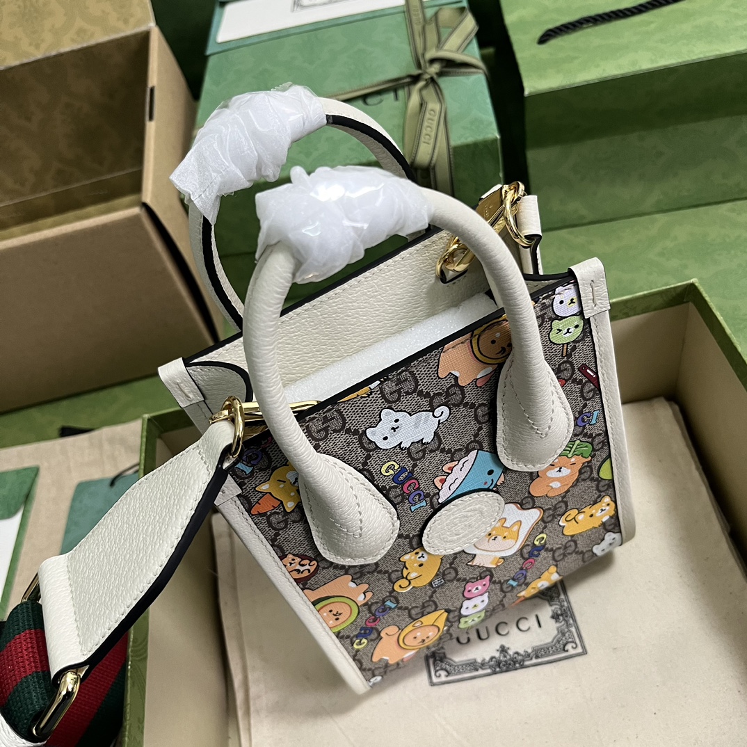 Gucci Unisex Animal Print Mini Tote Bag Beige Ebony GG Supreme Canvas (21)