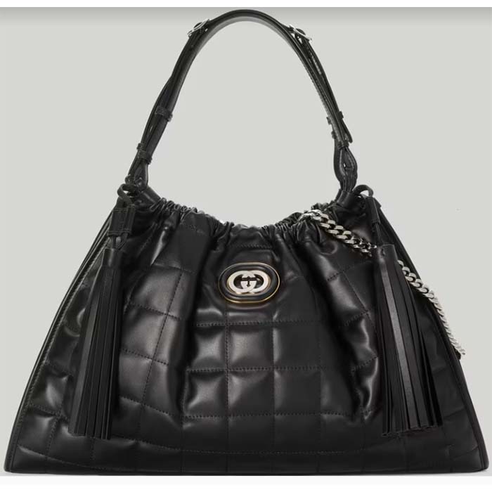 Gucci Unisex GG Deco Medium Tote Bag Black Quilted Leather Interlocking G