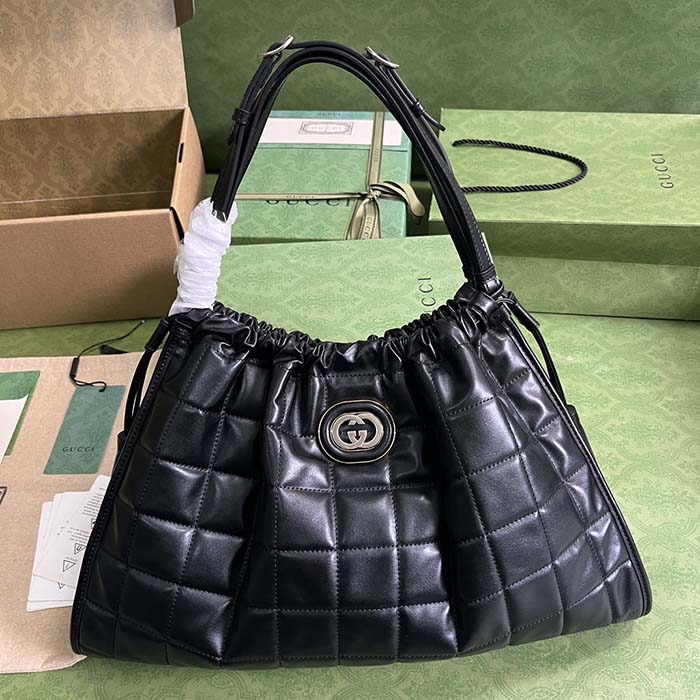 Gucci Unisex GG Deco Medium Tote Bag Black Quilted Leather Interlocking G (10)
