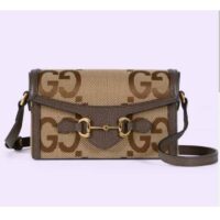 Gucci Unisex GG Horsebit 1955 Jumbo GG Mini Bag Camel Ebony Canvas (4)