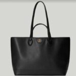 Borsa tote media Gucci unisex GG Ophidia in pelle nera con doppia G