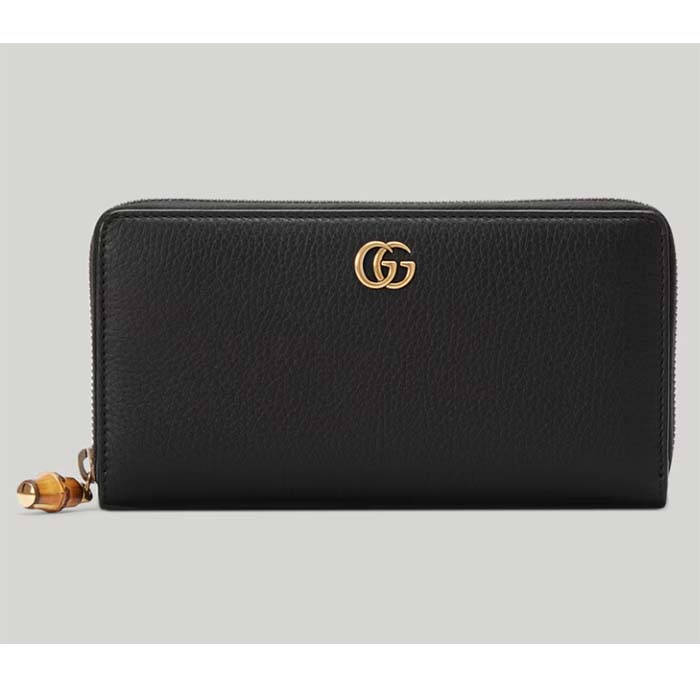 Gucci Unisex GG Zip Around Wallet Bamboo Black Leather Double G