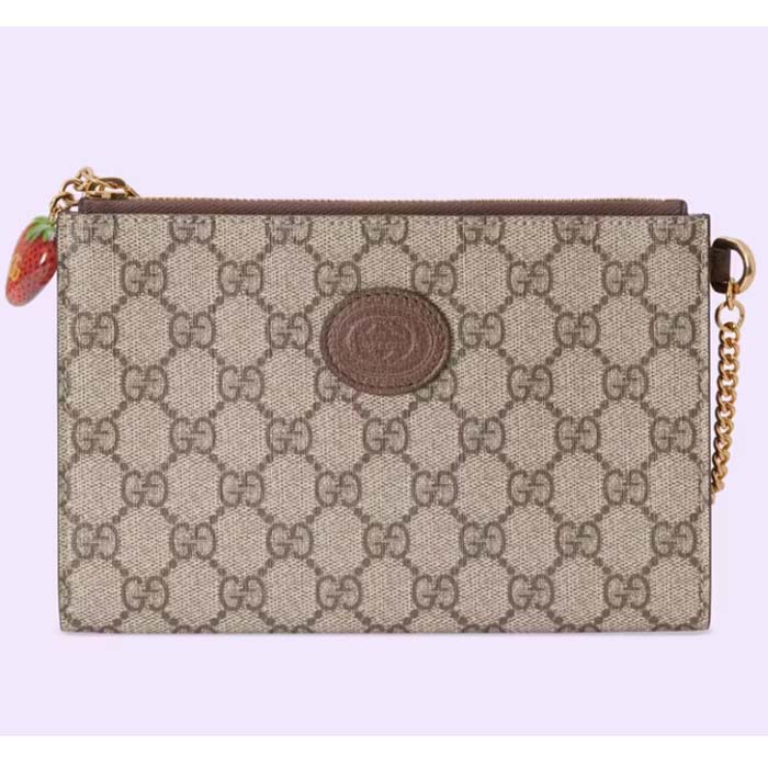 Gucci Unisex Wrist Wallet Double G Strawberry Beige Ebony GG Supreme Canvas