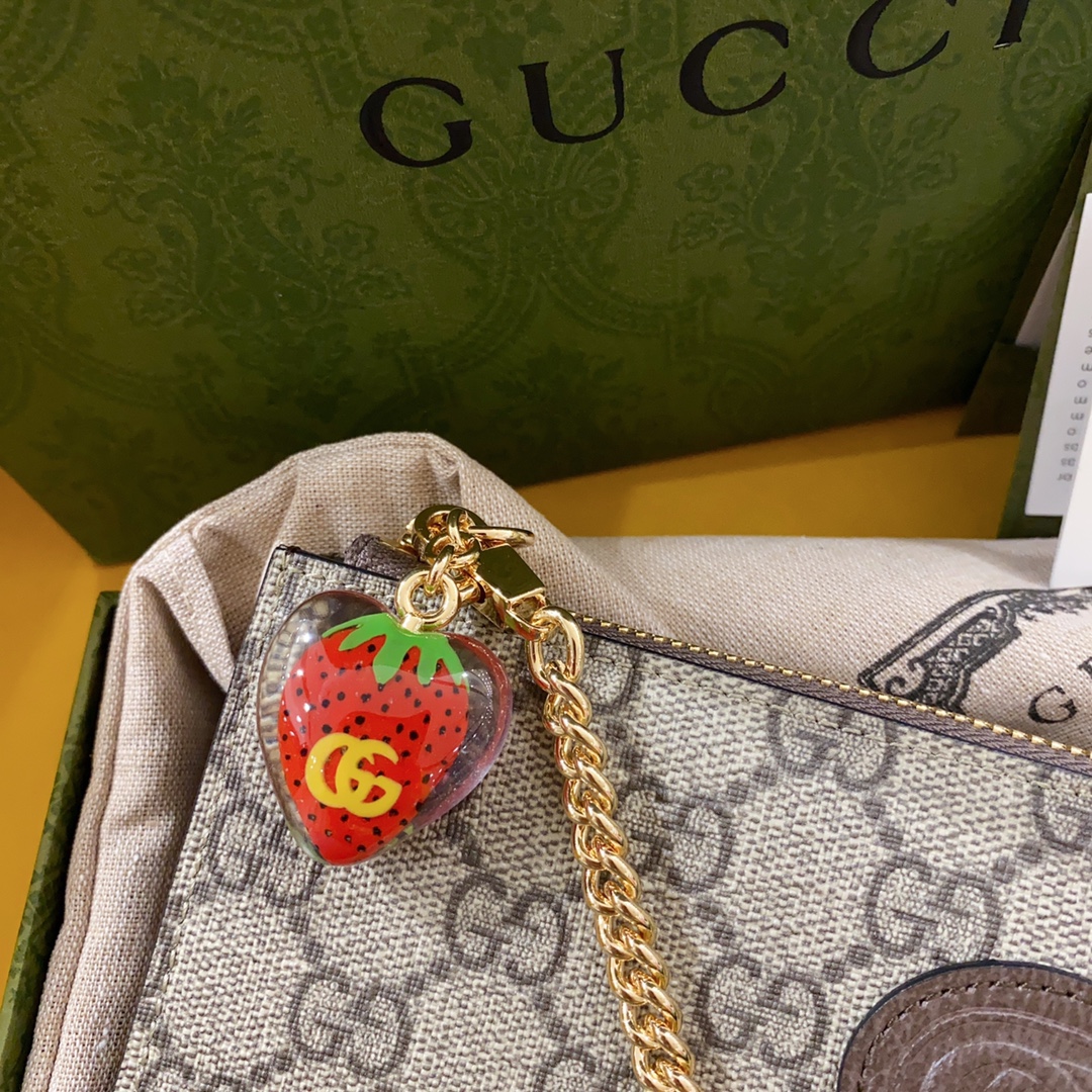 Gucci Unisex Wrist Wallet Double G Strawberry Beige Ebony GG Supreme Canvas (8)