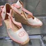 Gucci Women Espadrille Ribbon Tie Interlocking G Embroidery White Cotton Canvas Peep Toe - immagine 6