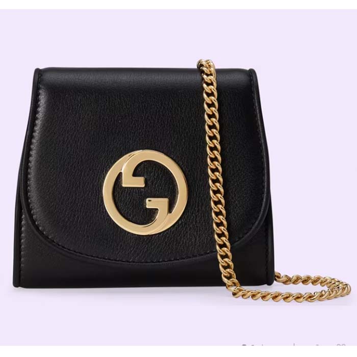 Gucci Women GG Blondie Medium Chain Wallet Black Leather Round Interlocking G