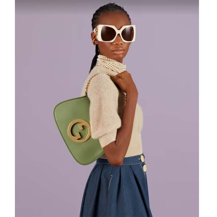Gucci Women GG Blondie Shoulder Bag Green Leather Round Interlocking G (8)