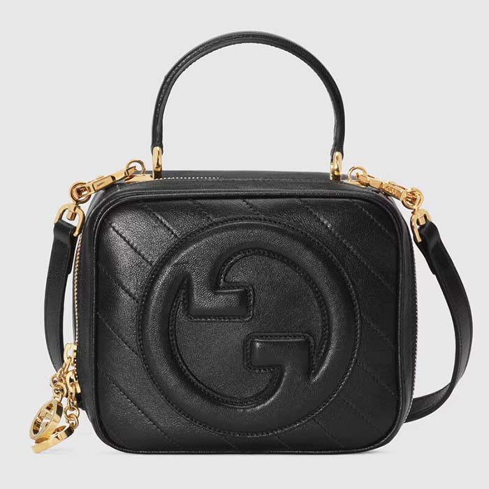 Gucci Women GG Blondie Top Handle Bag Black Leather Round Interlocking G