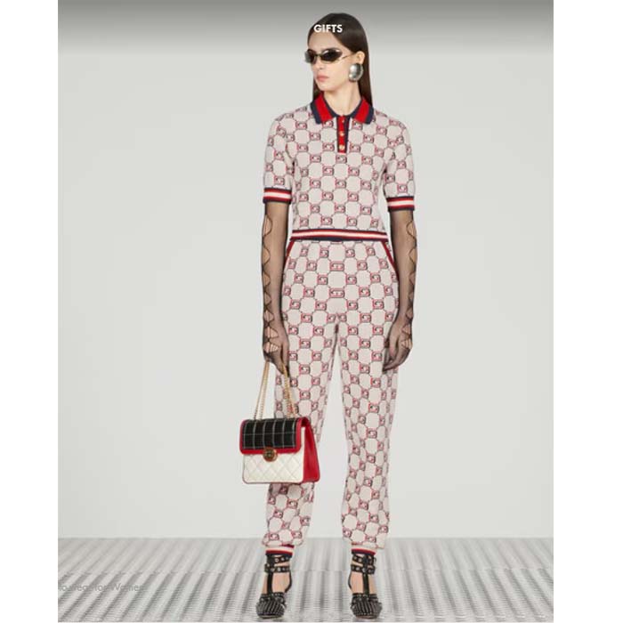 Gucci Women GG Cotton Jacquard Polo Shirt Ivory Red Polo Collar Short Sleeves (10)