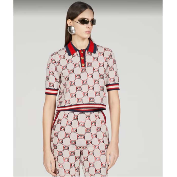 Gucci Women GG Cotton Jacquard Polo Shirt Ivory Red Polo Collar Short Sleeves (3)