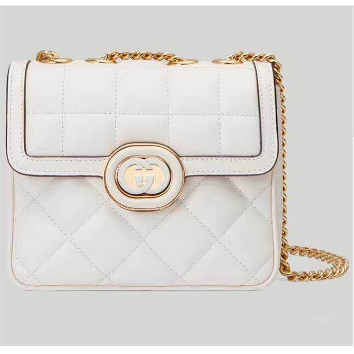 Gucci Women GG Deco Mini Shoulder Bag White Quilted Leather Interlocking G