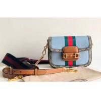 Gucci Women GG Horsebit 1955 Mini Bag Blue Leather Beige Ebony Supreme Canvas (11)